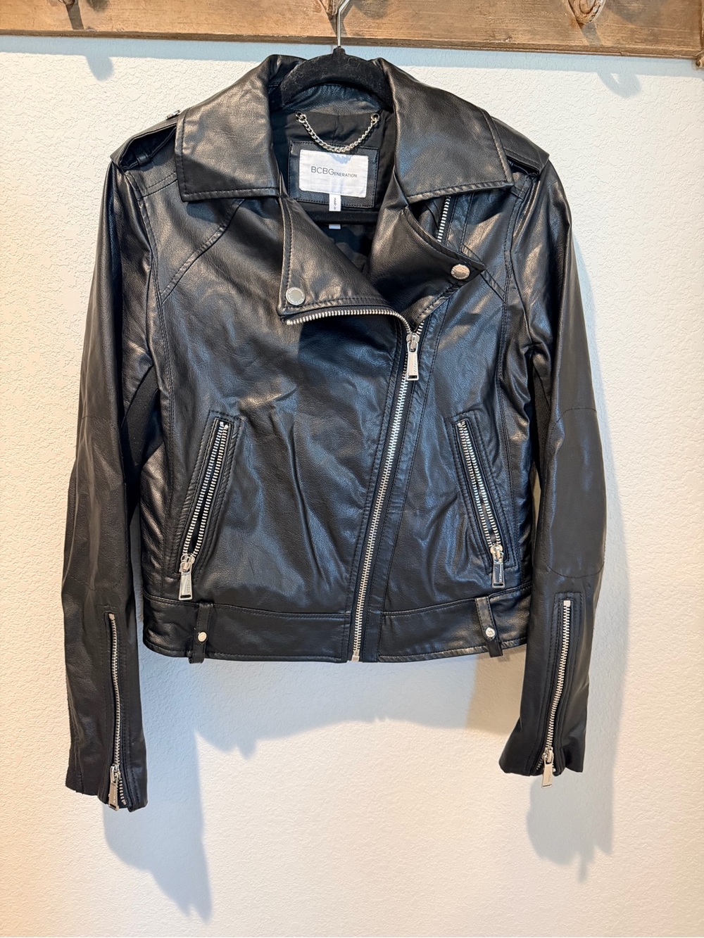 BCBGeneration Black Faux Leather Asymmetric Moto Jacket